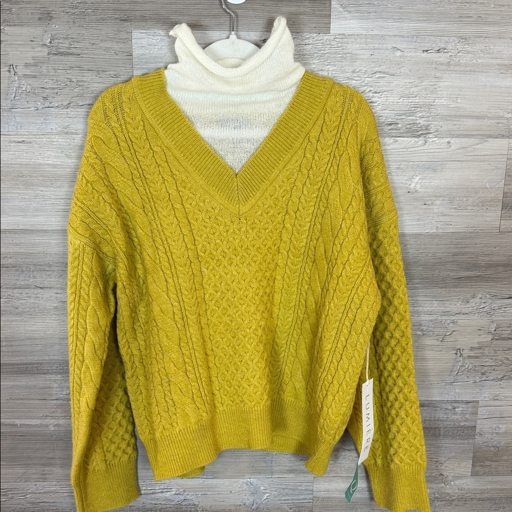 Lumière Yellow Cable Knit Sweater with Attached White Turtleneck